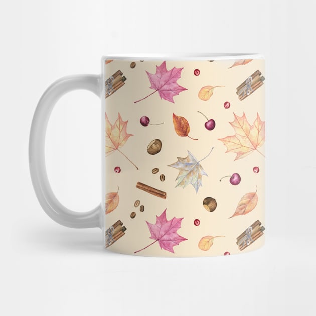Autumn pattern with maple leaves, berries and spices by Flowersforbear